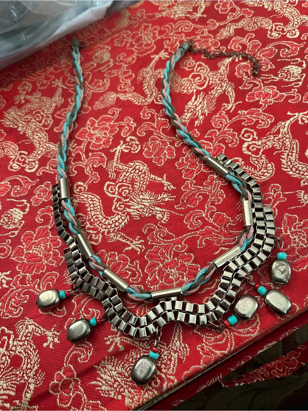 Turquoise and Silver Braided Statement Necklace